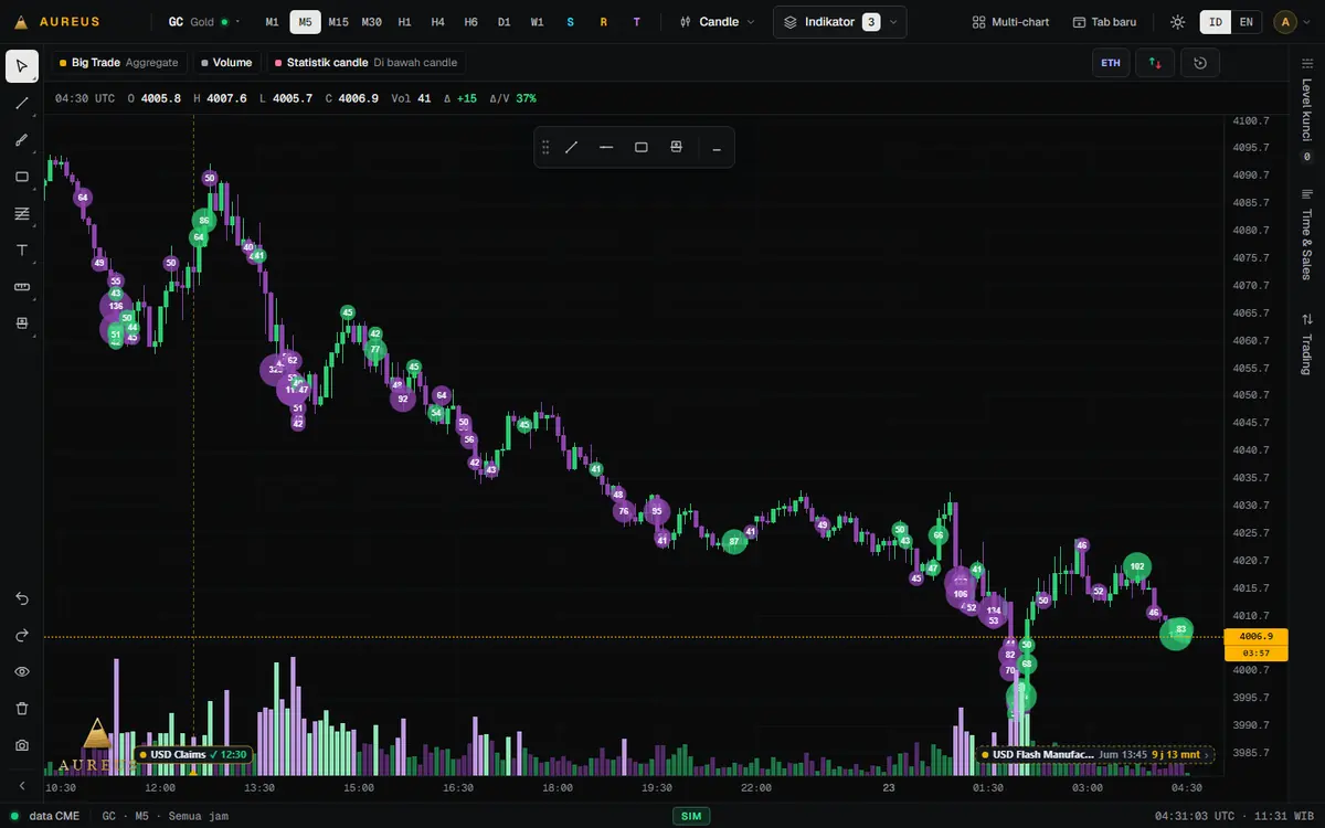 Big Trade & kalender rilis — Gelembung transaksi besar langsung di chart, plus penanda jadwal rilis data penting.